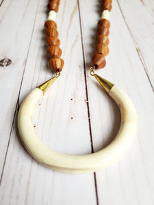 Bone Crescent + Wood Bead Necklace