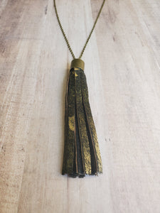 Metallic Faux Hair on Hide Tassel Necklace