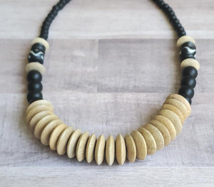 Wood Disc + Batik Bead Necklace
