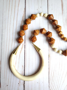 Bone Crescent + Wood Bead Necklace