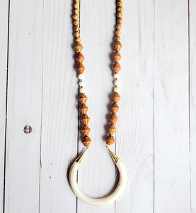 Bone Crescent + Wood Bead Necklace