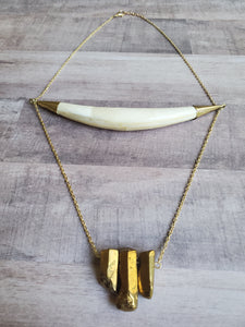 Bone Crescent + Gold Quartz Necklace