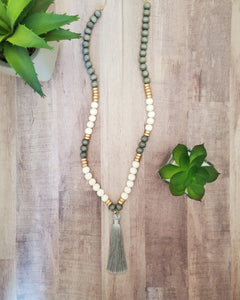 Wood Bead Tassel Necklace in Grey