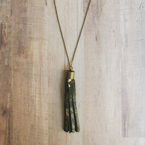 Metallic Faux Hair on Hide Tassel Necklace