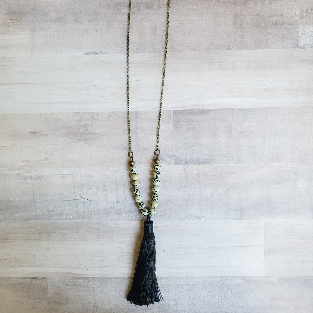 Dalmatian Bead + Tassel Necklace