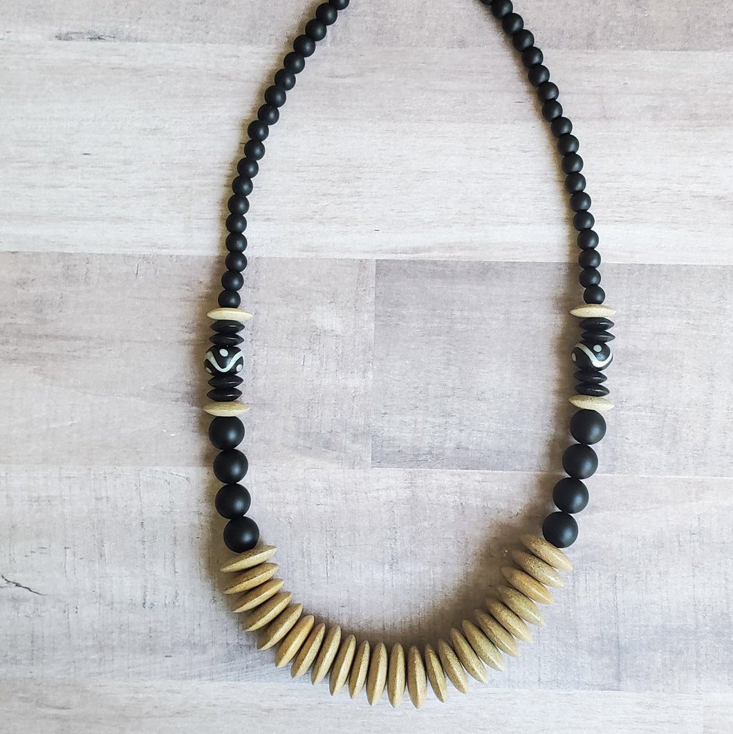 Wood Disc + Batik Bead Necklace