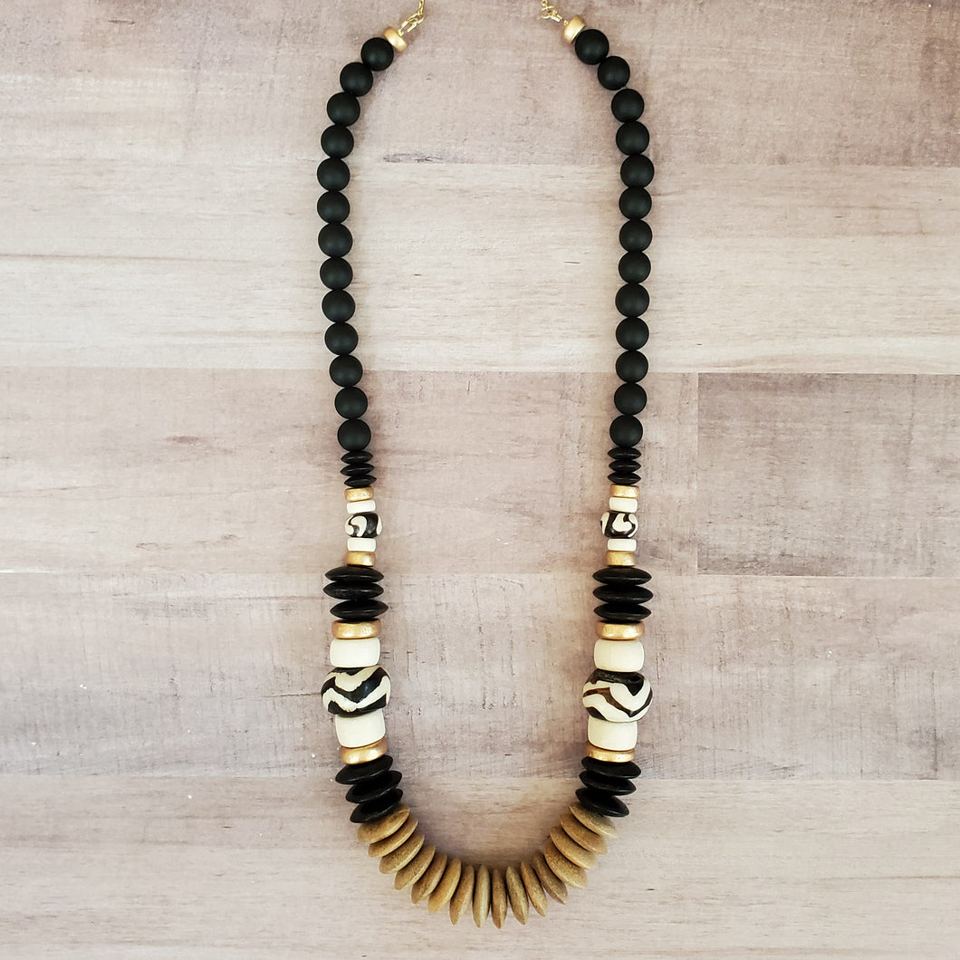 Batik Bone Bead + Wood Necklace