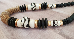 Batik Bone Bead + Wood Necklace
