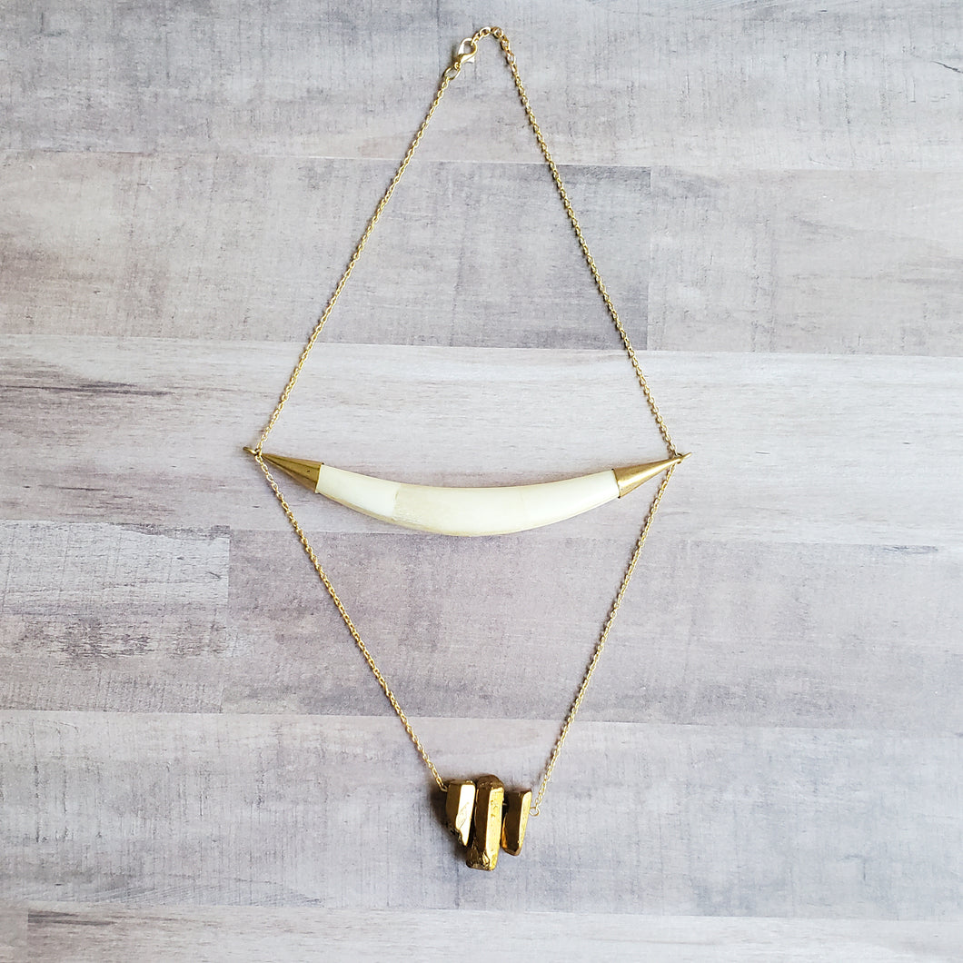 Bone Crescent + Gold Quartz Necklace